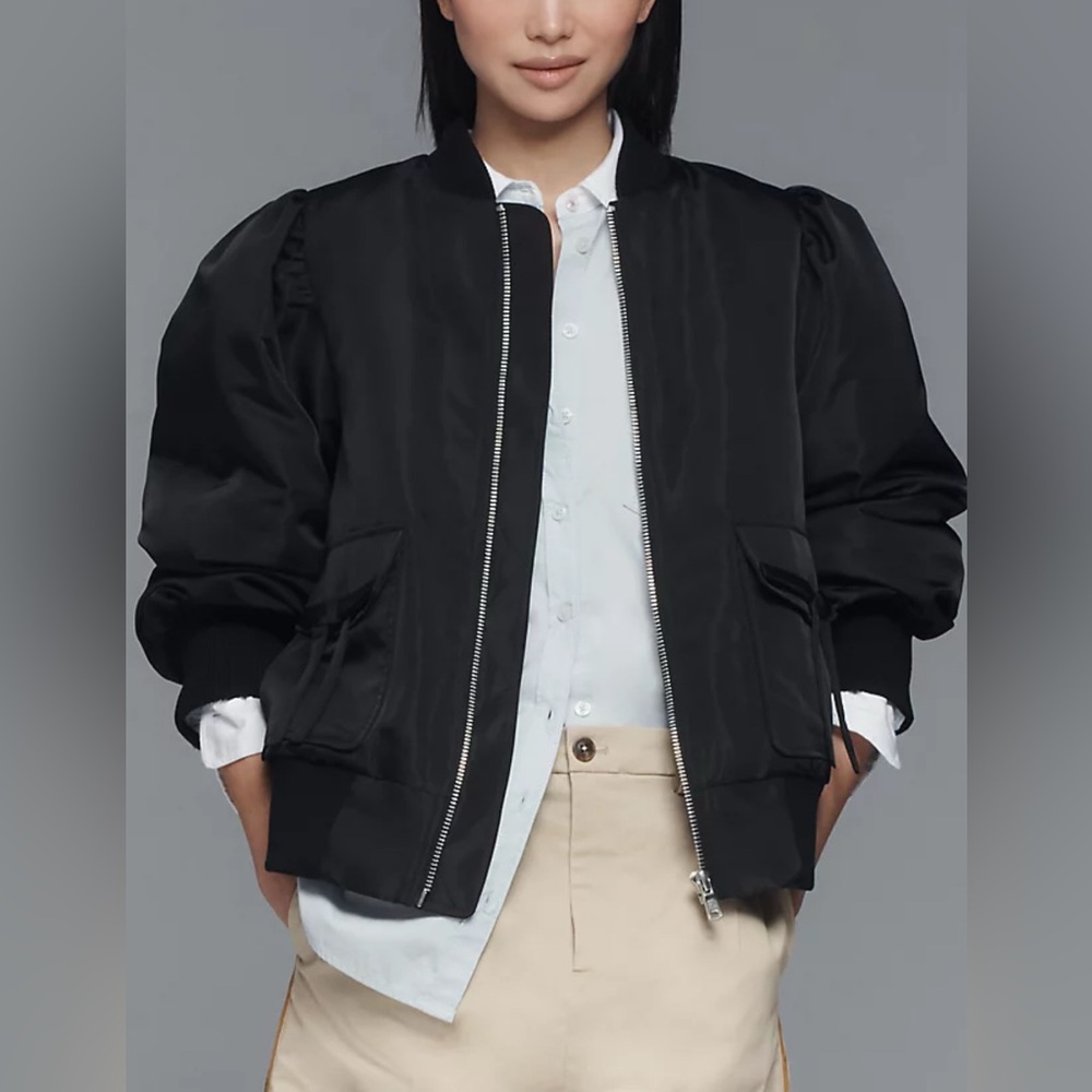 ANTHROPOLOGIE Avec Les Filles Black Puff Sleeve Zip up Bomber Jacket